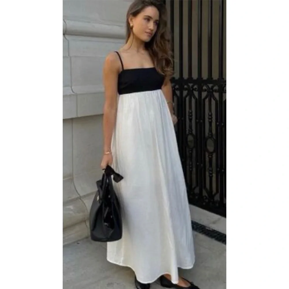Abercrombie & Fitch Linen Blend Maxi Dress Black White Colorblock XL NEW